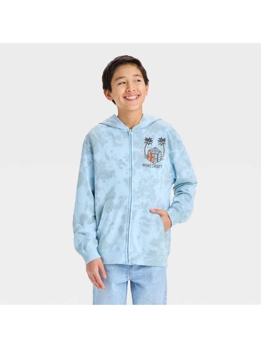 Boys' Minecraft Mineral Wash Zip-up Hooded Sweatshirt - Blue/Gray XS